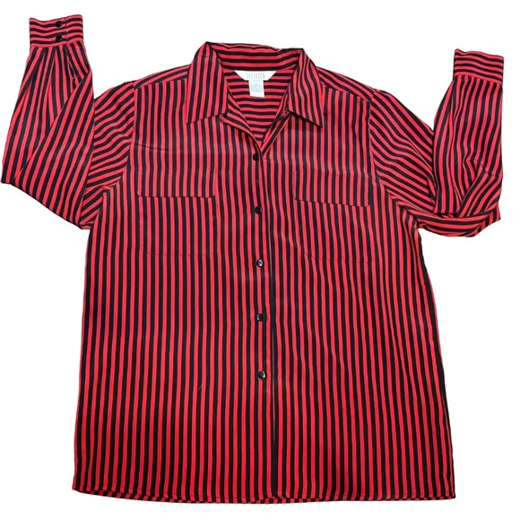 Sellecca Tops - Vintage‎ 80s 90s Sellecca Red Black Striped Button Up Shirt Shoulder Pads M
